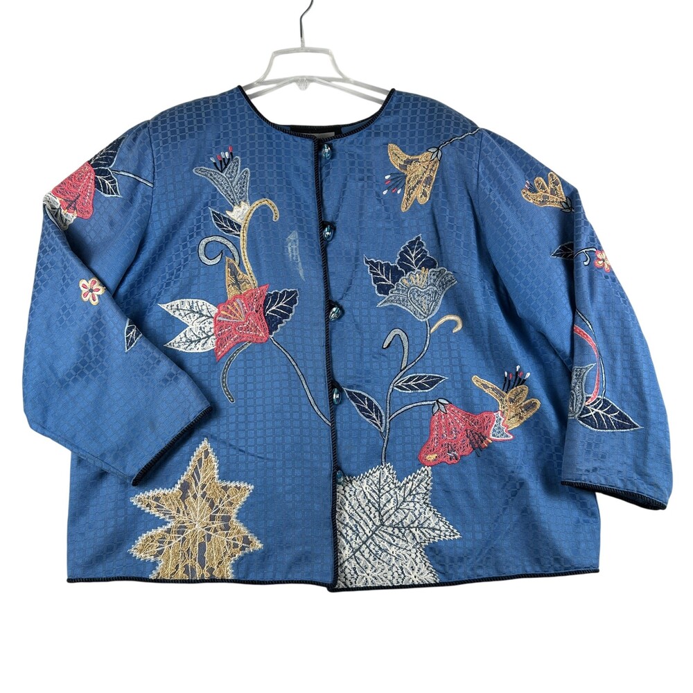 Vintage Indigo Moon Jacket Womens 2X Floral Embroidered Lace Bead Button Front